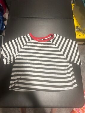 Women’s Black & White Stripe Short Sleeve Tee with Red Neckline
